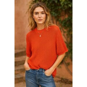 ZARA Top M Open Knit Orange Shirt Short Sleeve Bohemian Boho Summer Cotton Knit
